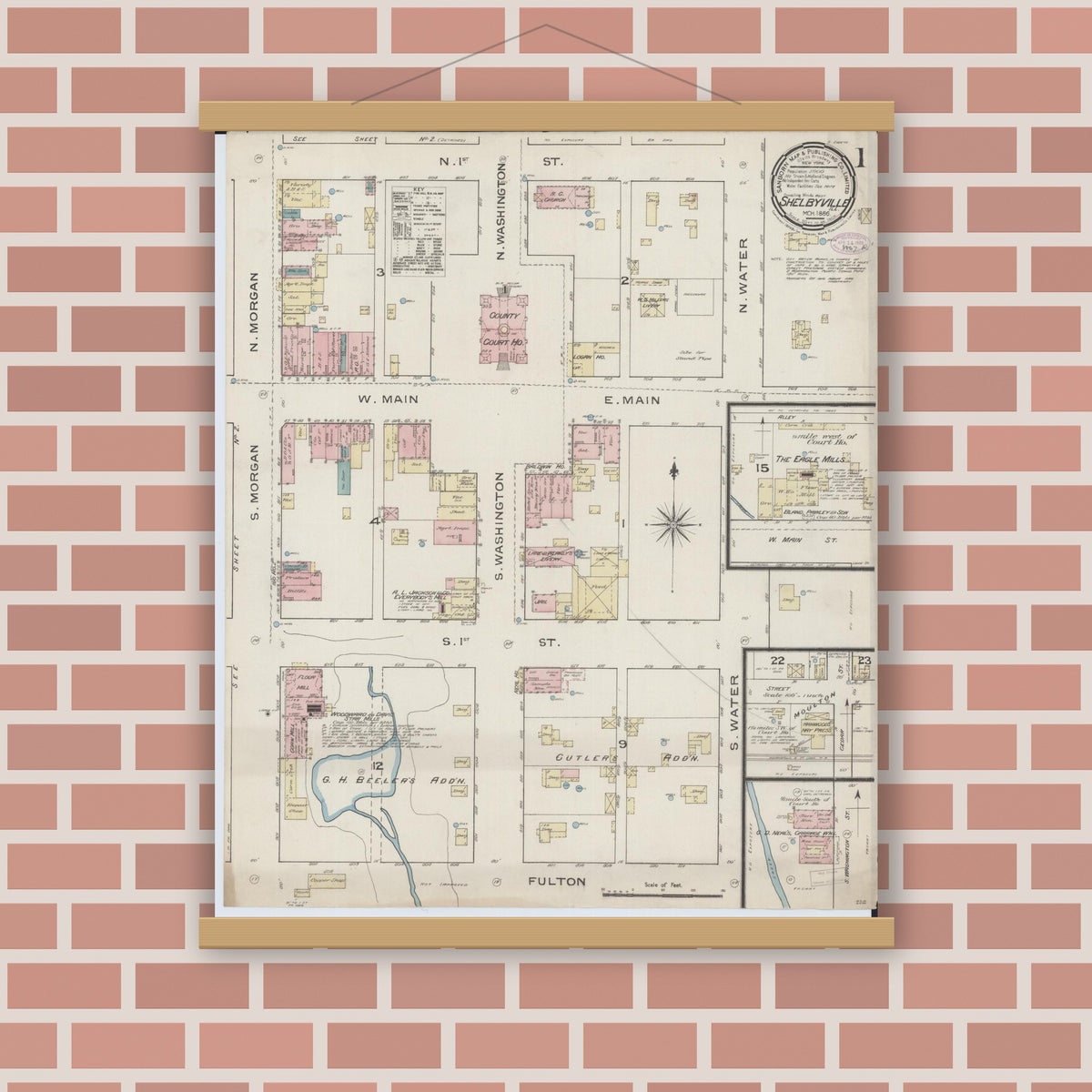 Old map wall art mockup — magnetic wood frame on brick wall — Sanborn Fire Insurance Map from Shelbyville, Shelby County, Illinois (1886), Sheet #0001