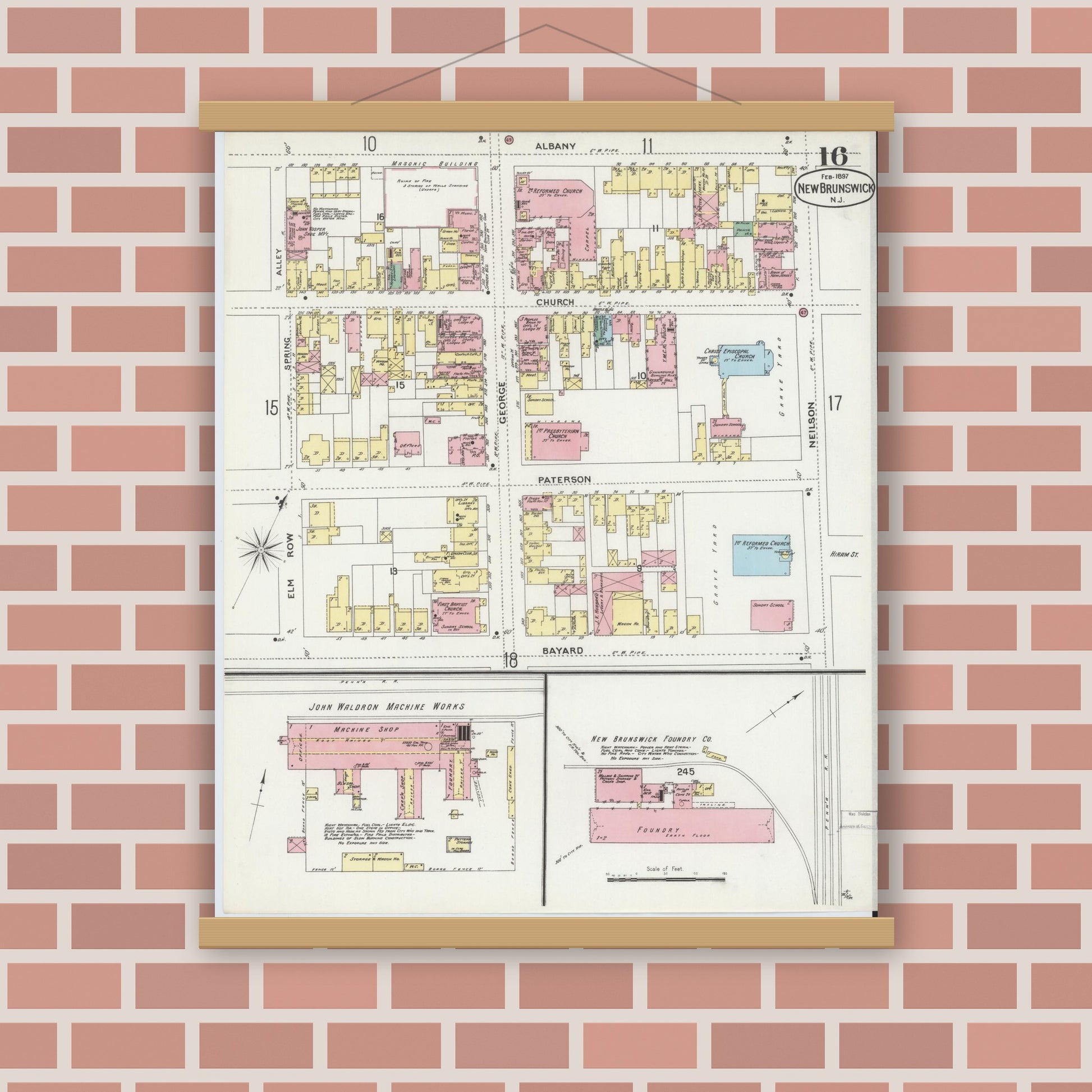 Old map wall art mockup — magnetic wood frame on brick wall — Sanborn Fire Insurance Map from New Brunswick, Middlesex County, New Jersey (1897), Sheet #0016
