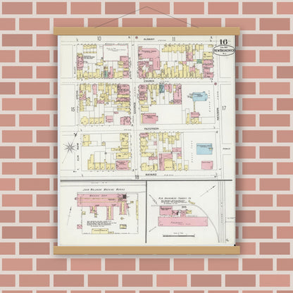 Old map wall art mockup — magnetic wood frame on brick wall — Sanborn Fire Insurance Map from New Brunswick, Middlesex County, New Jersey (1897), Sheet #0016