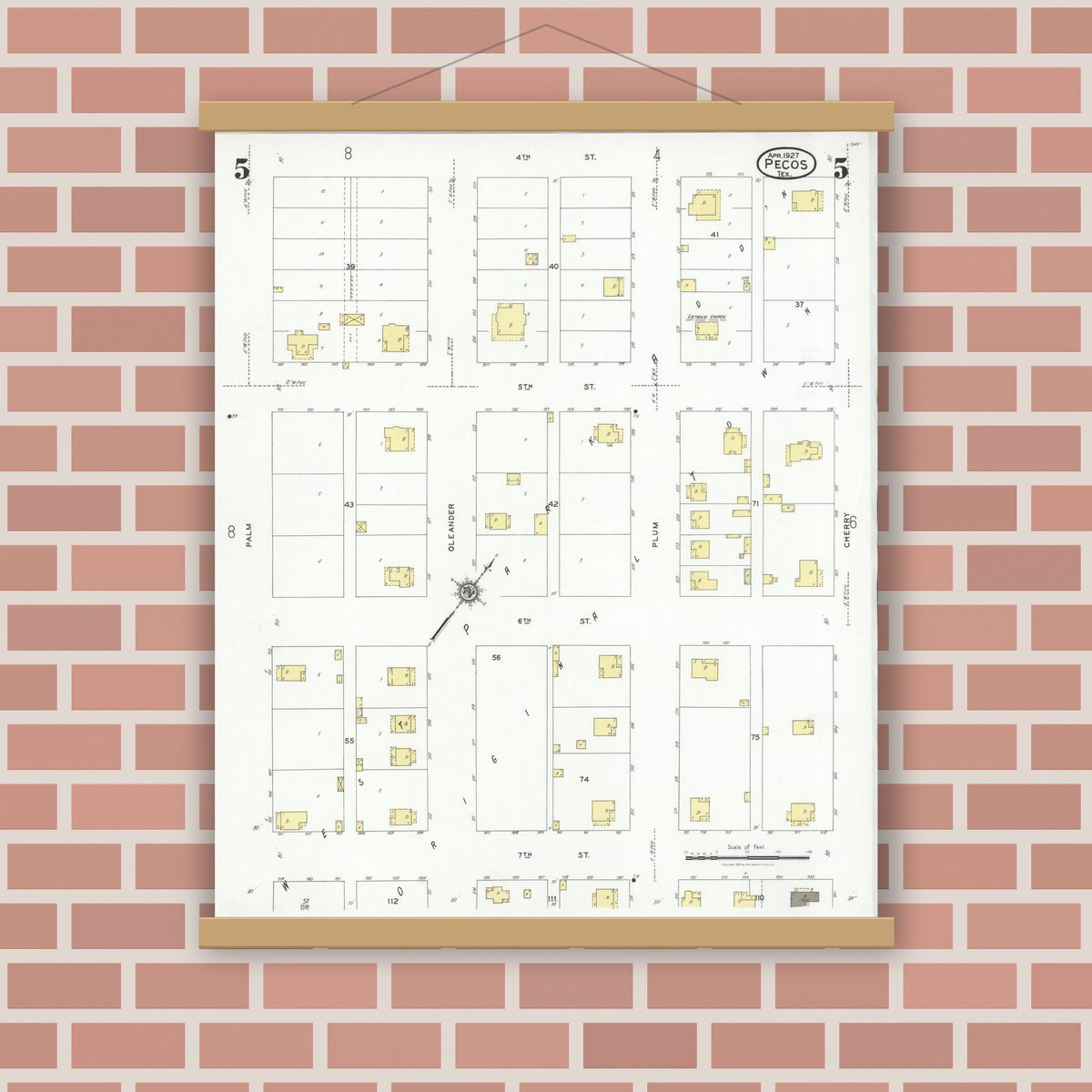 Old map wall art mockup — magnetic wood frame on brick wall — Sanborn Fire Insurance Map from Pecos, Reeves County, Texas (1927), Sheet #0005
