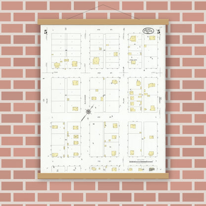 Old map wall art mockup — magnetic wood frame on brick wall — Sanborn Fire Insurance Map from Pecos, Reeves County, Texas (1927), Sheet #0005