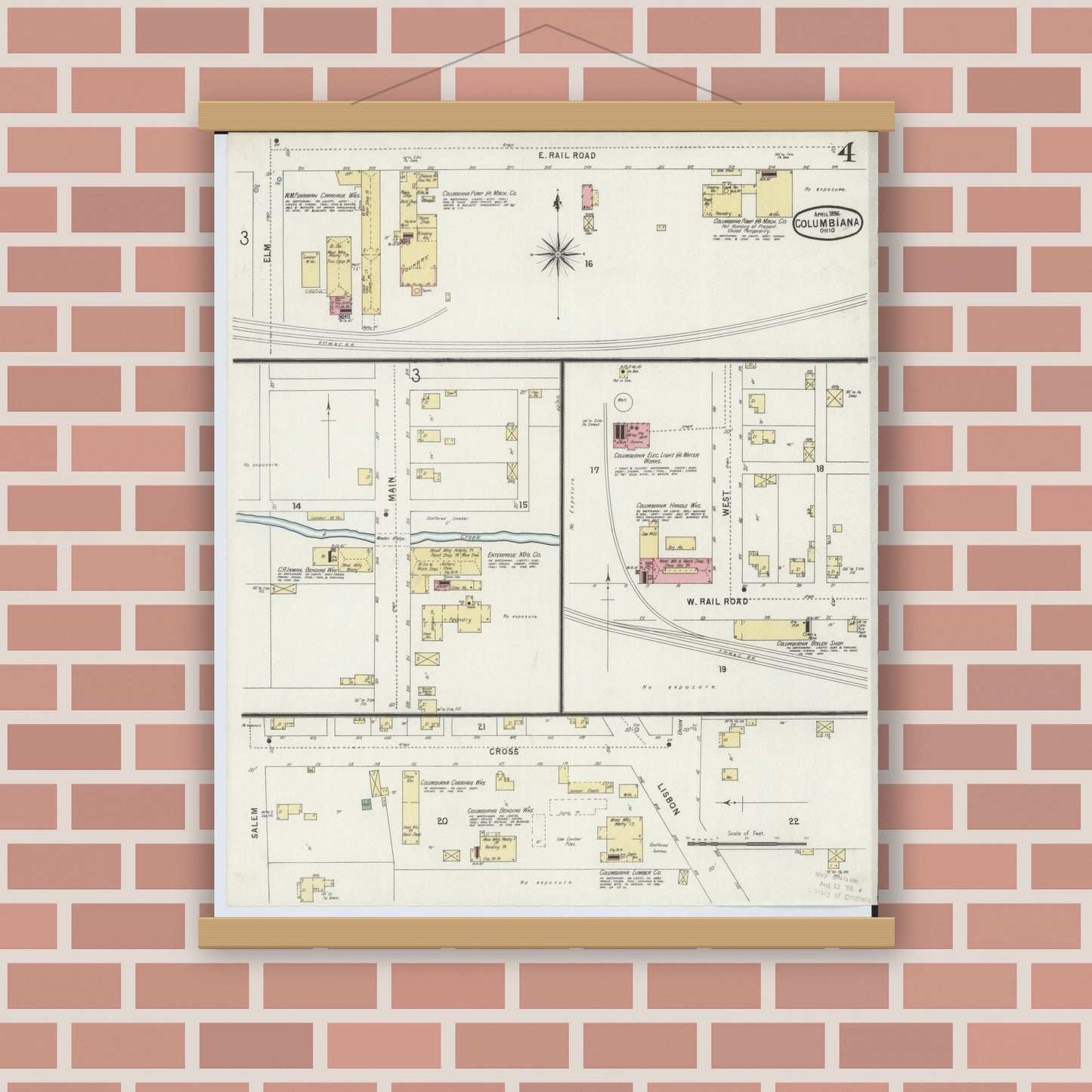 Old map wall art mockup — magnetic wood frame on brick wall — Sanborn Fire Insurance Map from Columbiana, Columbiana County, Ohio (1896), Sheet #0004