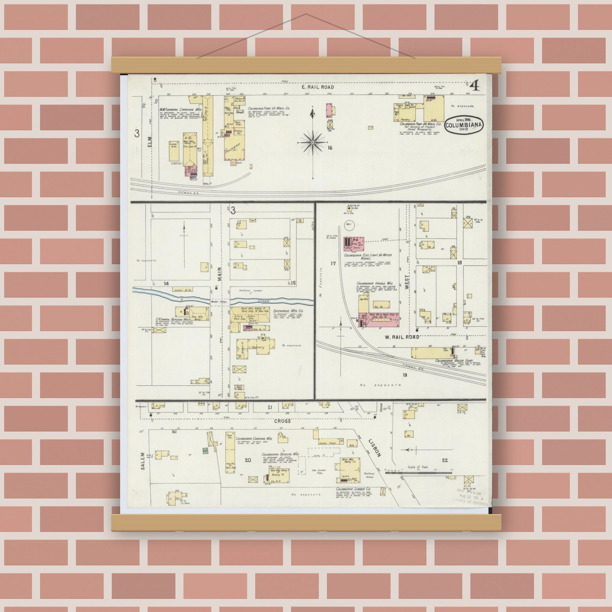 Old map wall art mockup — magnetic wood frame on brick wall — Sanborn Fire Insurance Map from Columbiana, Columbiana County, Ohio (1896), Sheet #0004