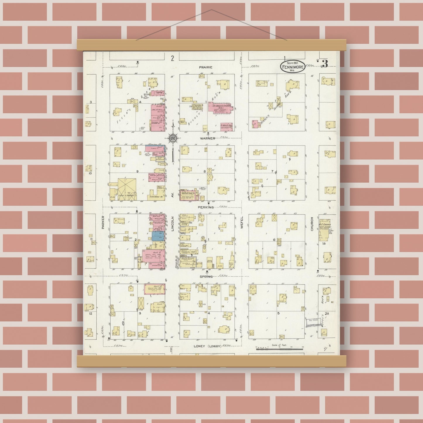 Old map wall art mockup — magnetic wood frame on brick wall — Sanborn Fire Insurance Map from Fennimore, Grant County, Wisconsin (1912), Sheet #0003