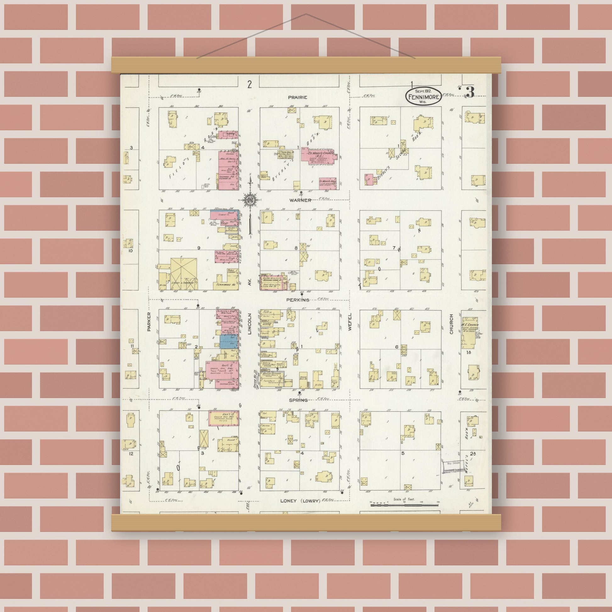 Old map wall art mockup — magnetic wood frame on brick wall — Sanborn Fire Insurance Map from Fennimore, Grant County, Wisconsin (1912), Sheet #0003