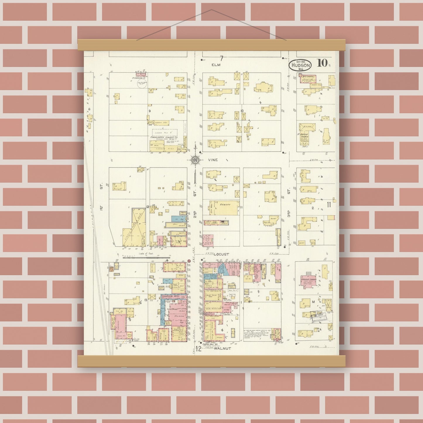 Old map wall art mockup — magnetic wood frame on brick wall — Sanborn Fire Insurance Map from Hudson, St. Croix County, Wisconsin (1912), Sheet #0010