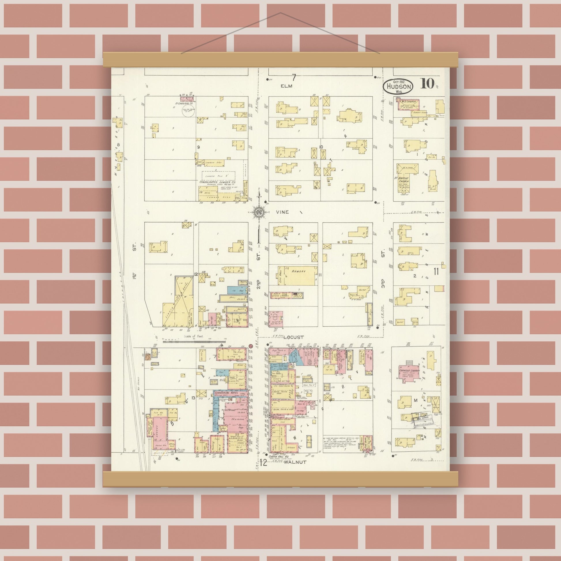 Old map wall art mockup — magnetic wood frame on brick wall — Sanborn Fire Insurance Map from Hudson, St. Croix County, Wisconsin (1912), Sheet #0010