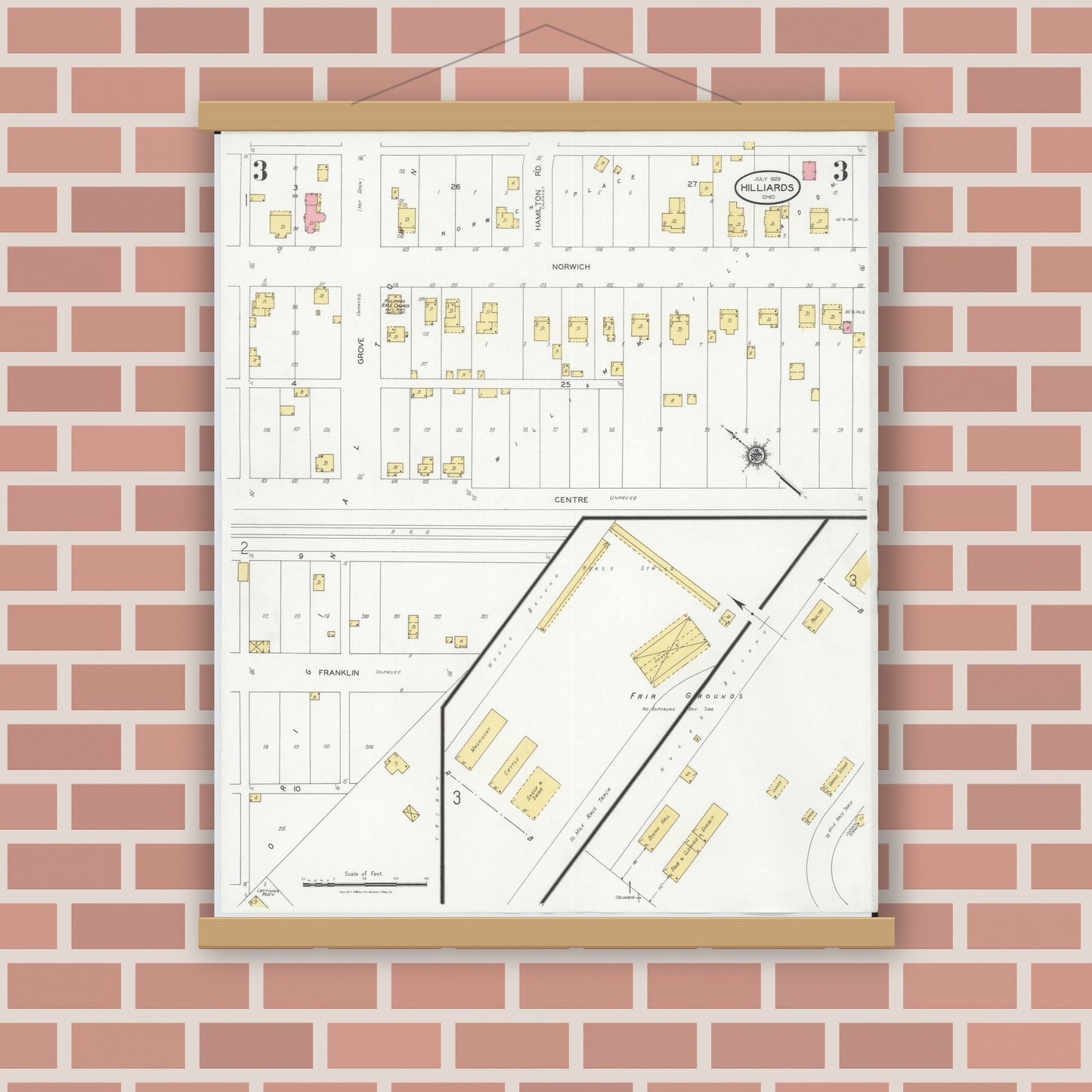 Old map wall art mockup — magnetic wood frame on brick wall — Sanborn Fire Insurance Map from Hilliards, Franklin County, Ohio (1929), Sheet #0003