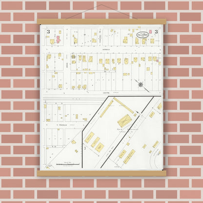 Old map wall art mockup — magnetic wood frame on brick wall — Sanborn Fire Insurance Map from Hilliards, Franklin County, Ohio (1929), Sheet #0003