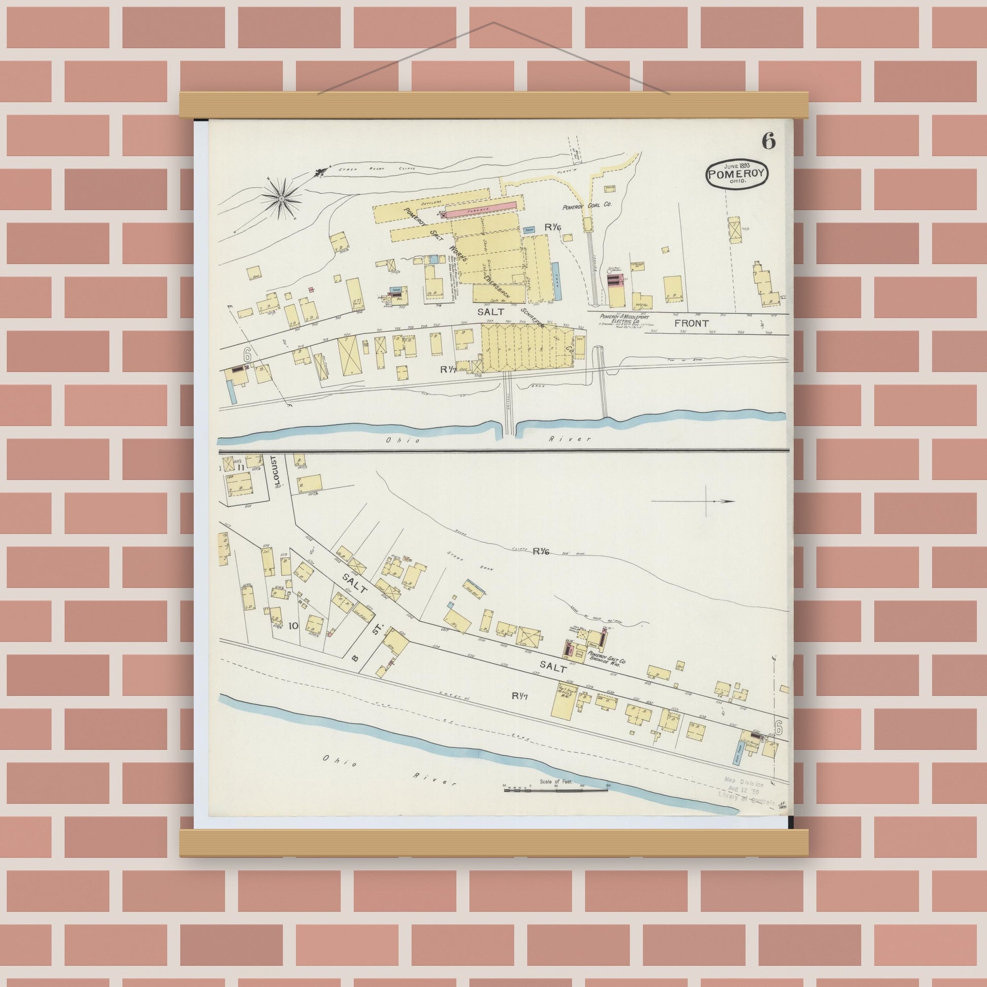 Old map wall art mockup — magnetic wood frame on brick wall — Sanborn Fire Insurance Map from Pomeroy, Meigs County, Ohio (1893), Sheet #0006