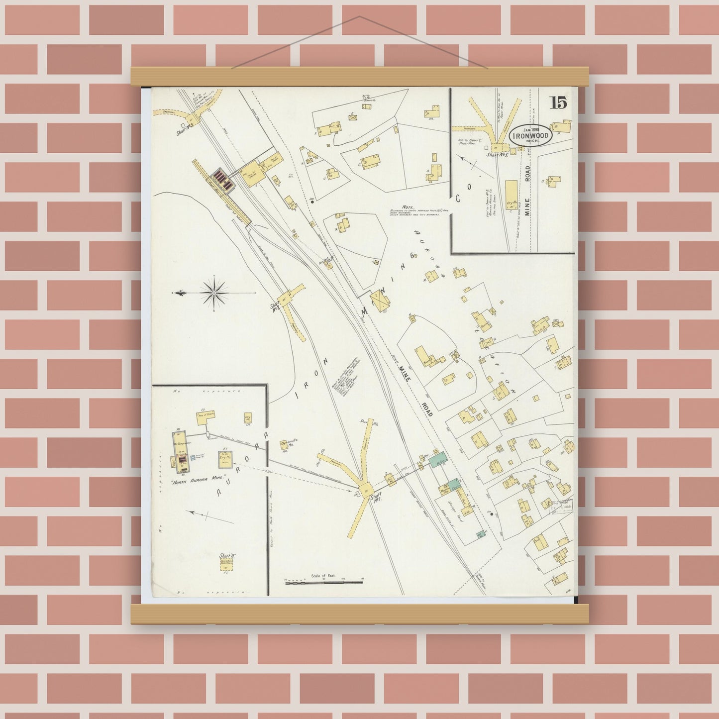 Old map wall art mockup — magnetic wood frame on brick wall — Sanborn Fire Insurance Map from Ironwood, Gogebic County, Michigan (1898), Sheet #0015