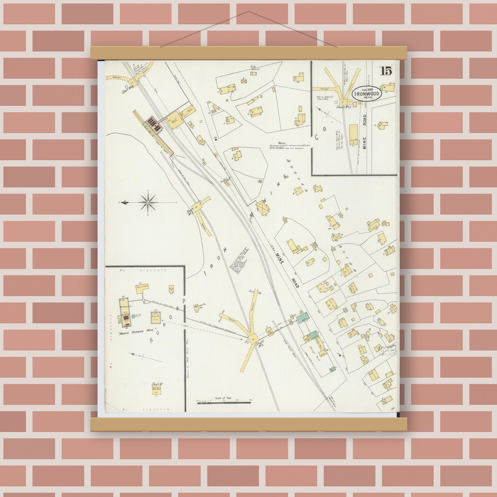 Old map wall art mockup — magnetic wood frame on brick wall — Sanborn Fire Insurance Map from Ironwood, Gogebic County, Michigan (1898), Sheet #0015