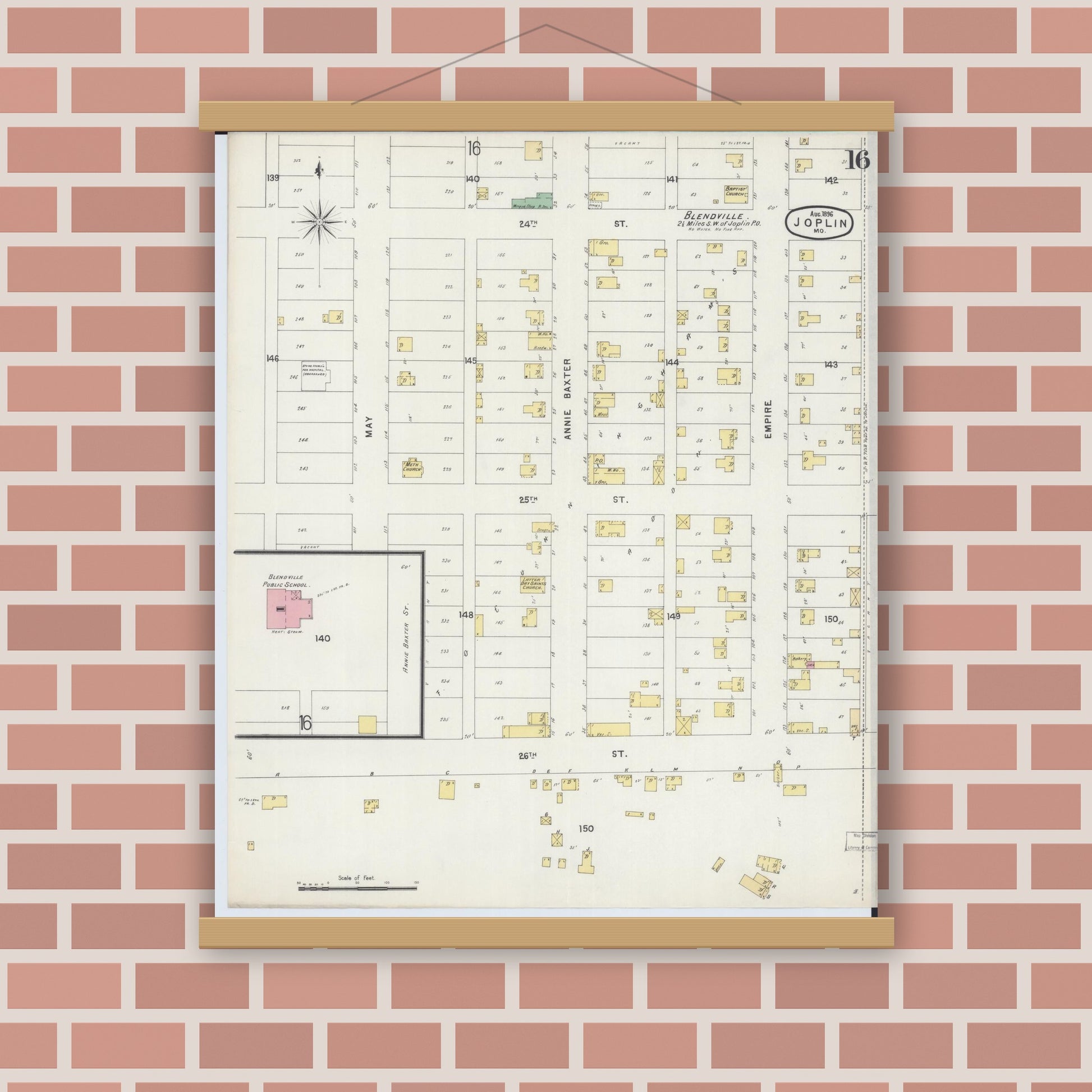 Old map wall art mockup — magnetic wood frame on brick wall — Sanborn Fire Insurance Map from Joplin, Jasper County, Missouri (1896), Sheet #0016