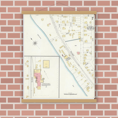 Old map wall art mockup — magnetic wood frame on brick wall — Sanborn Fire Insurance Map from West Newton, Westmoreland County, Pennsylvania (1905), Sheet #0007