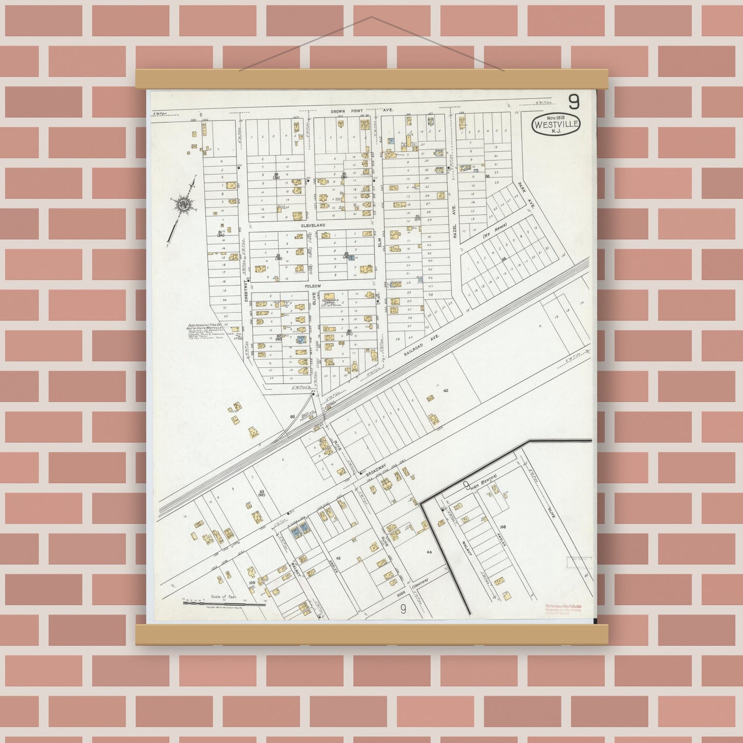 Old map wall art mockup — magnetic wood frame on brick wall — Sanborn Fire Insurance Map from Westville, Gloucester County, New Jersey (1919), Sheet #0009