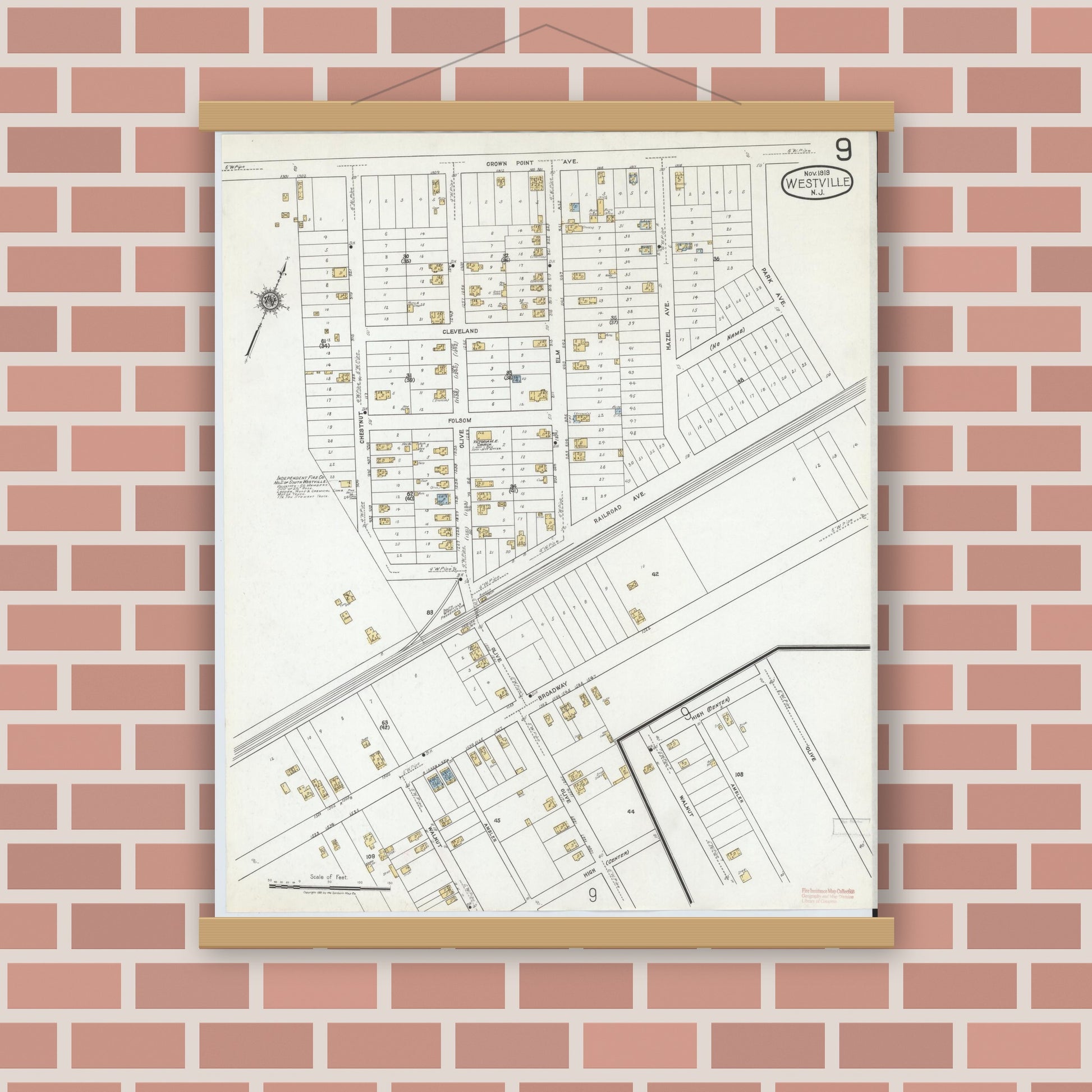 Old map wall art mockup — magnetic wood frame on brick wall — Sanborn Fire Insurance Map from Westville, Gloucester County, New Jersey (1919), Sheet #0009