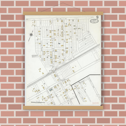 Old map wall art mockup — magnetic wood frame on brick wall — Sanborn Fire Insurance Map from Westville, Gloucester County, New Jersey (1919), Sheet #0009