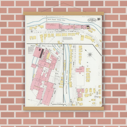 Old map wall art mockup — magnetic wood frame on brick wall — Sanborn Fire Insurance Map from North Adams, Berkshire County, Massachusetts (1901), Sheet #0019