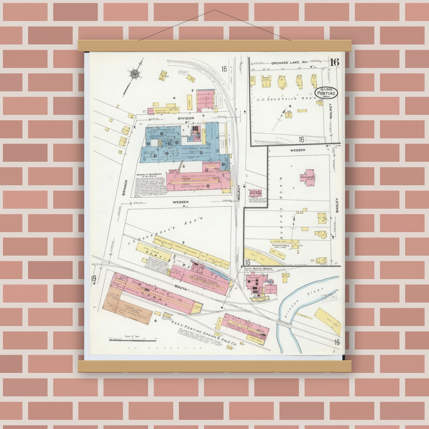Old map wall art mockup — magnetic wood frame on brick wall — Sanborn Fire Insurance Map from Pontiac, Oakland County, Michigan (1909), Sheet #0016