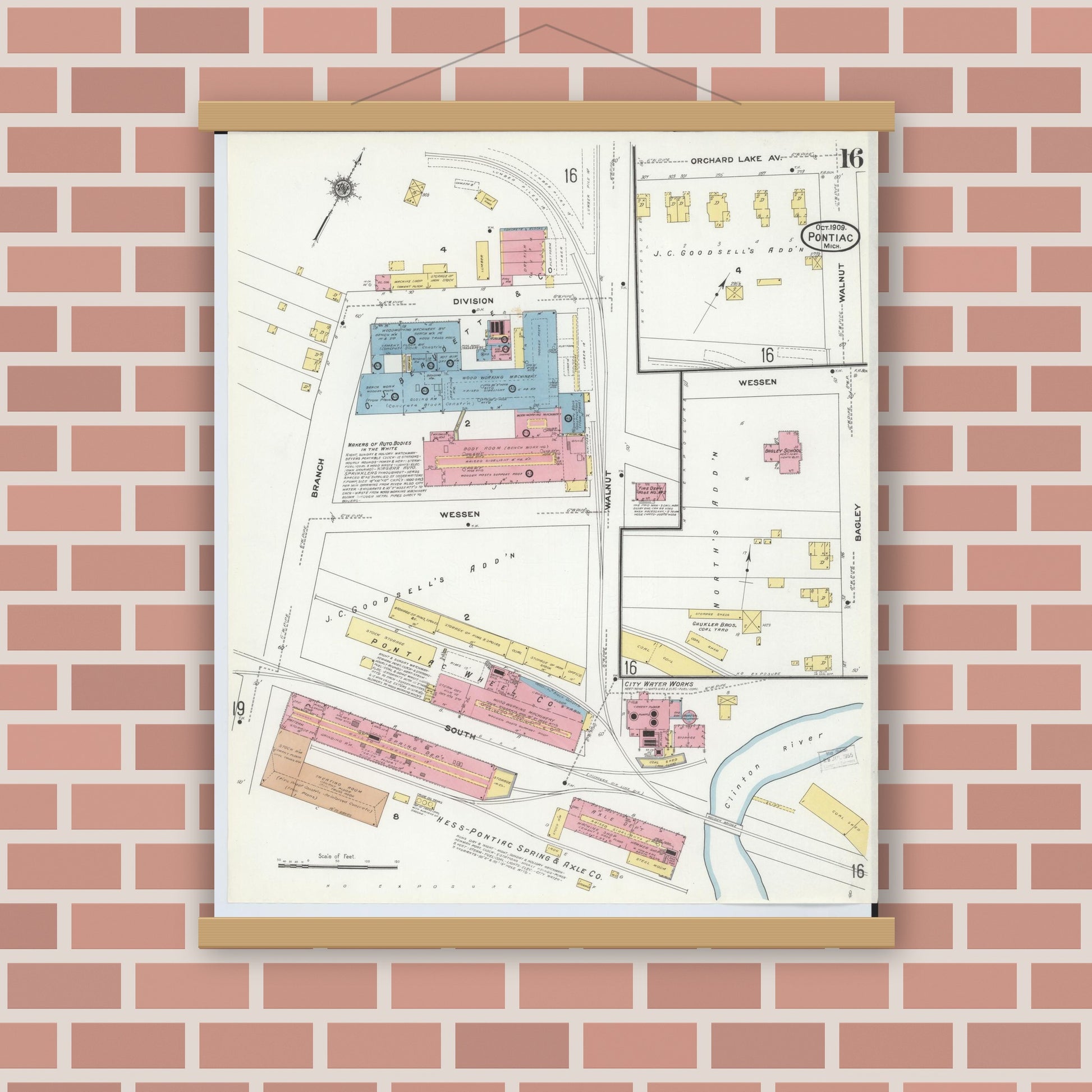 Old map wall art mockup — magnetic wood frame on brick wall — Sanborn Fire Insurance Map from Pontiac, Oakland County, Michigan (1909), Sheet #0016
