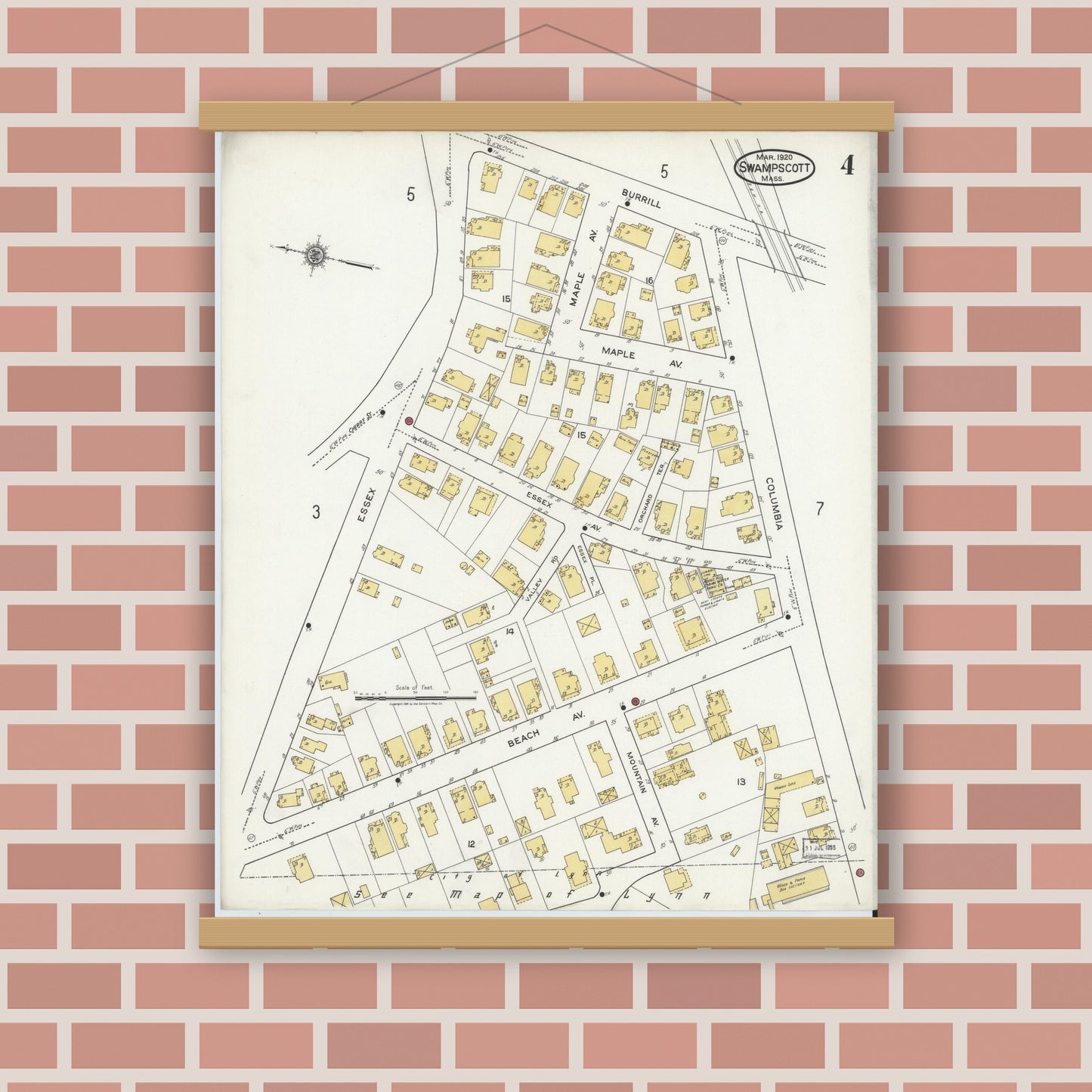 Old map wall art mockup — magnetic wood frame on brick wall — Sanborn Fire Insurance Map from Swampscott, Essex County, Massachusetts (1920), Sheet #0004