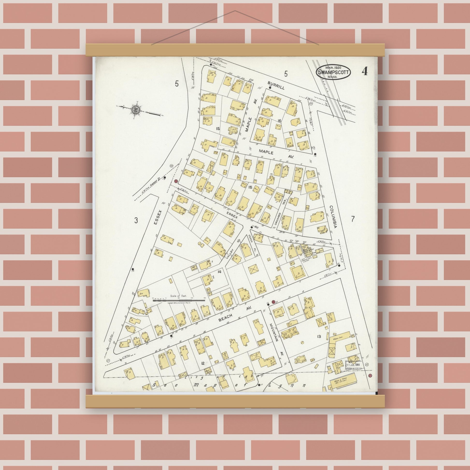 Old map wall art mockup — magnetic wood frame on brick wall — Sanborn Fire Insurance Map from Swampscott, Essex County, Massachusetts (1920), Sheet #0004