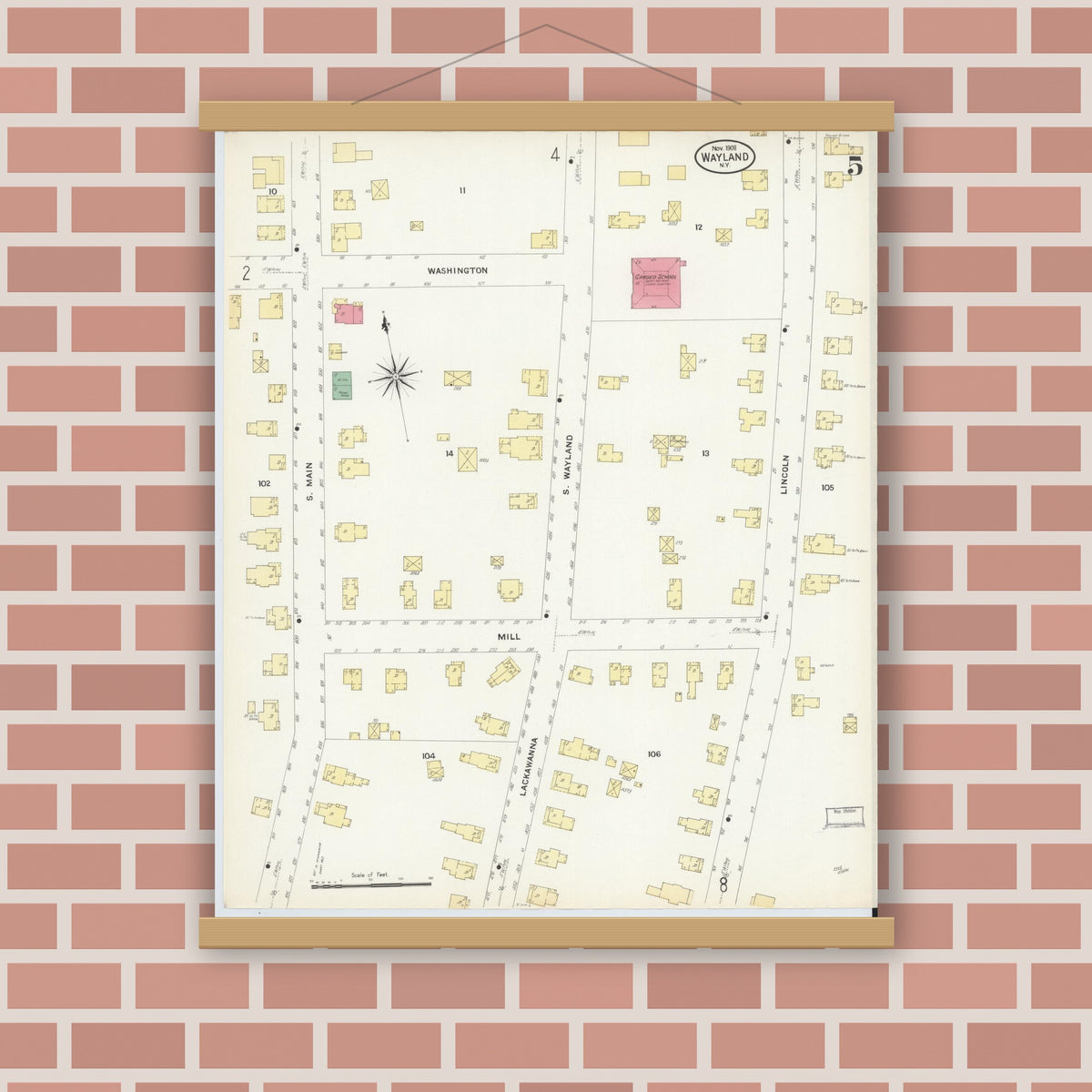 Old map wall art mockup — magnetic wood frame on brick wall — Sanborn Fire Insurance Map from Wayland, Steuben County, New York (1908), Sheet #0005