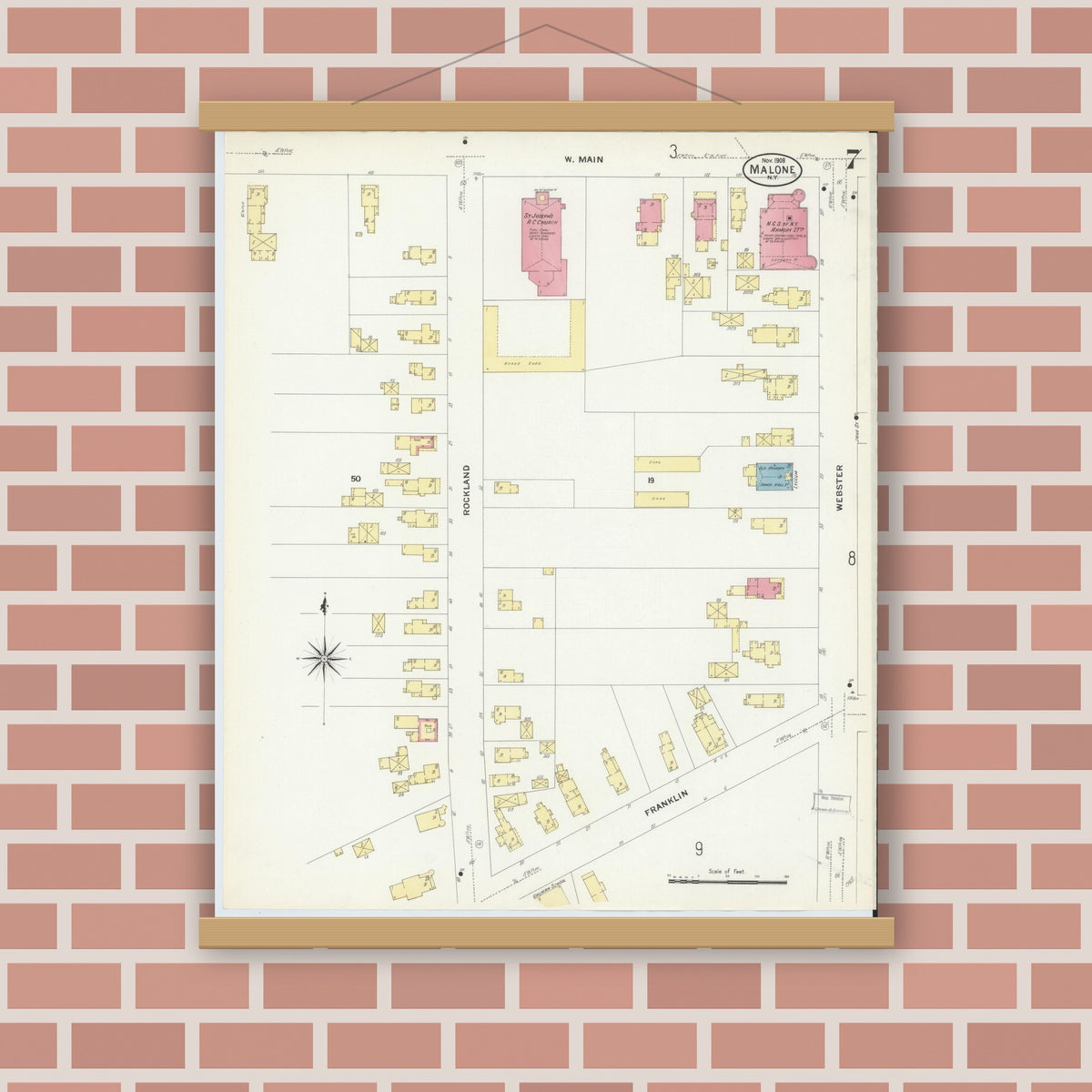 Old map wall art mockup — magnetic wood frame on brick wall — Sanborn Fire Insurance Map from Malone, Franklin County, New York (1908), Sheet #0007