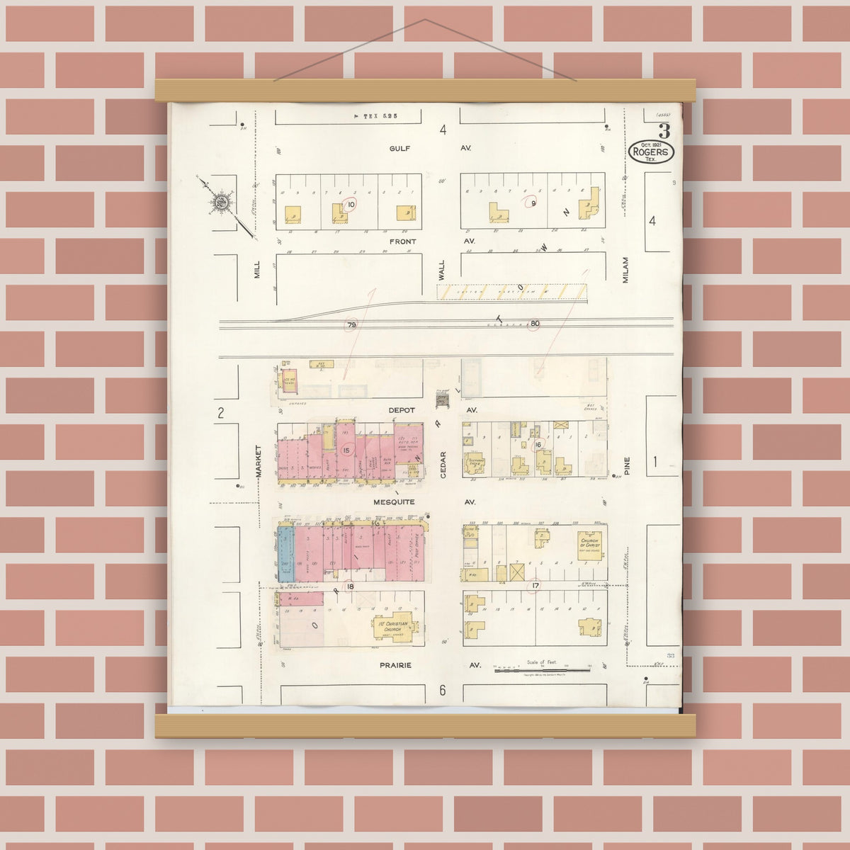 Old map wall art mockup — magnetic wood frame on brick wall — Sanborn Fire Insurance Map from Rogers, Bell County, Texas (1944), Sheet #0003