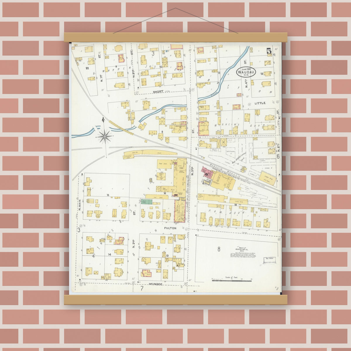 Old map wall art mockup — magnetic wood frame on brick wall — Sanborn Fire Insurance Map from Wausau, Marathon County, Wisconsin (1904), Sheet #0005