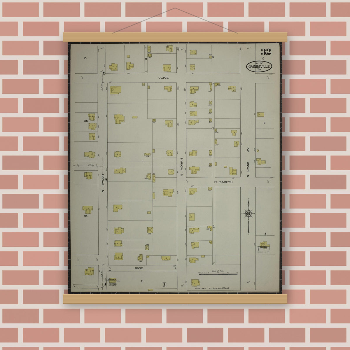 Old map wall art mockup — magnetic wood frame on brick wall — Sanborn Fire Insurance Map from Gainesville, Cooke County, Texas (1913), Sheet #0032