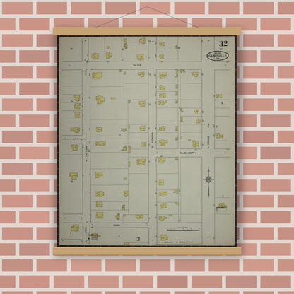 Old map wall art mockup — magnetic wood frame on brick wall — Sanborn Fire Insurance Map from Gainesville, Cooke County, Texas (1913), Sheet #0032
