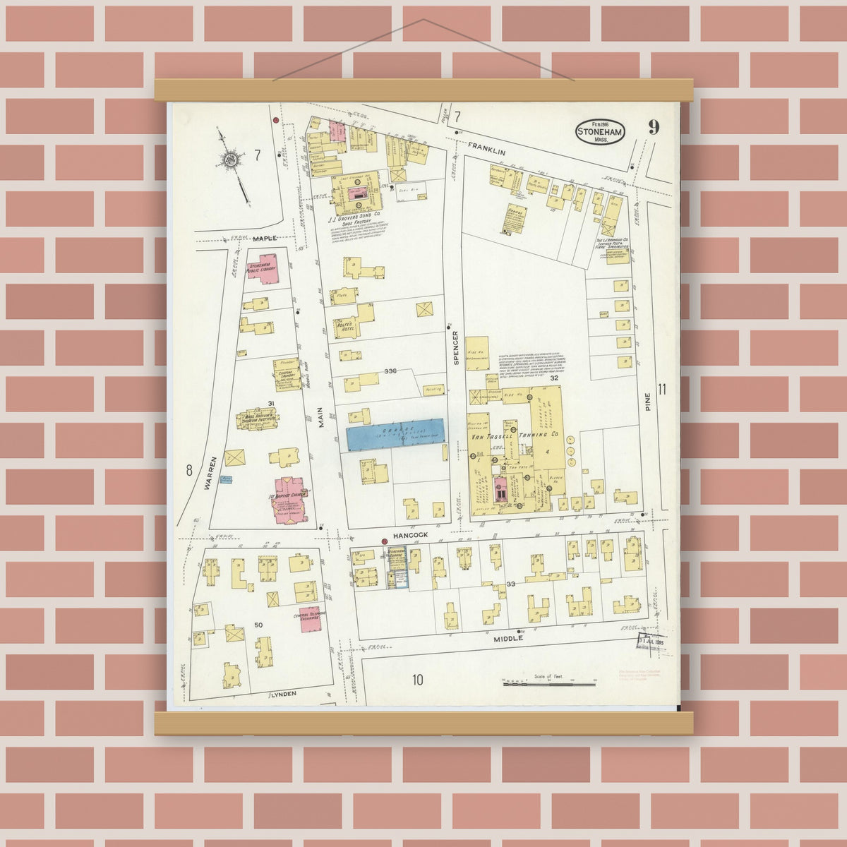 Old map wall art mockup — magnetic wood frame on brick wall — Sanborn Fire Insurance Map from Stoneham, Middlesex County, Massachusetts (1916), Sheet #0009