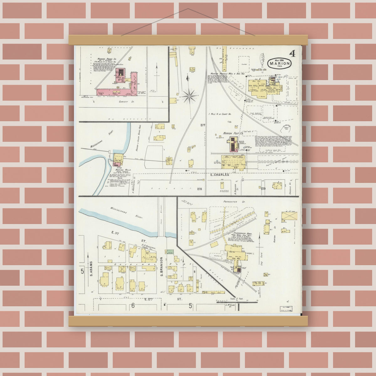 Old map wall art mockup — magnetic wood frame on brick wall — Sanborn Fire Insurance Map from Marion, Grant County, Indiana (1896), Sheet #0004