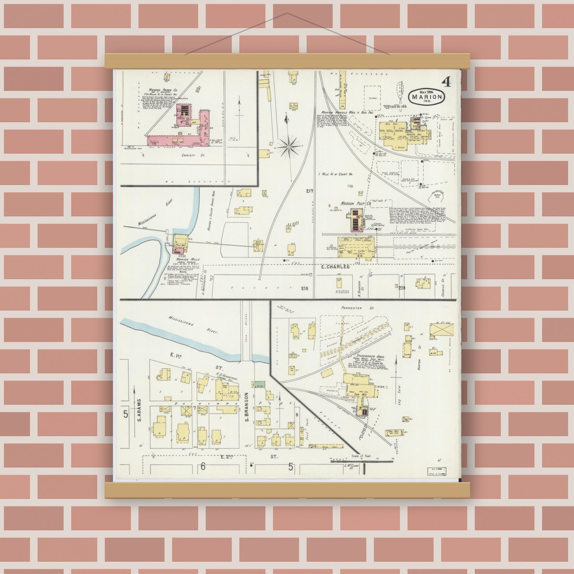 Old map wall art mockup — magnetic wood frame on brick wall — Sanborn Fire Insurance Map from Marion, Grant County, Indiana (1896), Sheet #0004