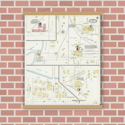 Old map wall art mockup — magnetic wood frame on brick wall — Sanborn Fire Insurance Map from Marion, Grant County, Indiana (1896), Sheet #0004