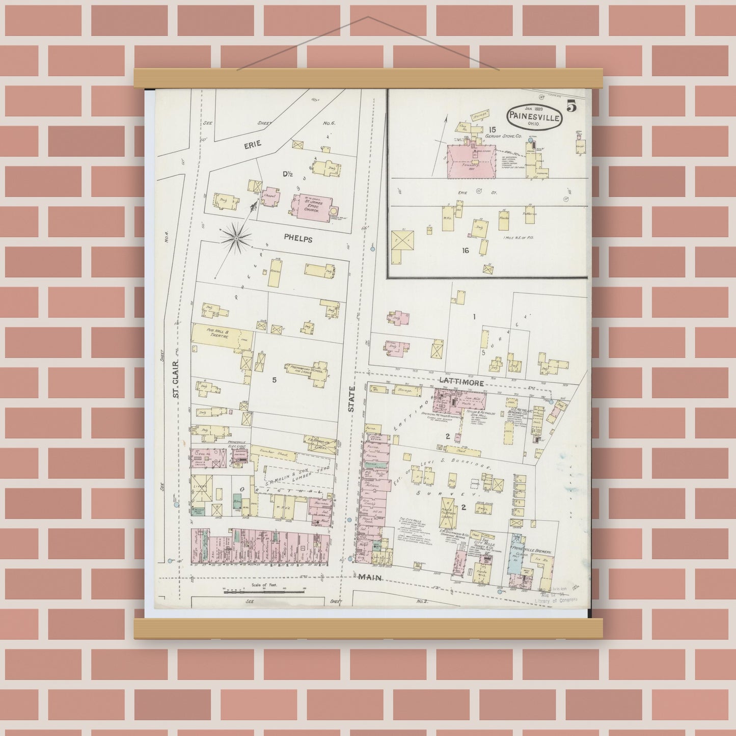 Old map wall art mockup — magnetic wood frame on brick wall — Sanborn Fire Insurance Map from Painesville, Lake County, Ohio (1889), Sheet #0005