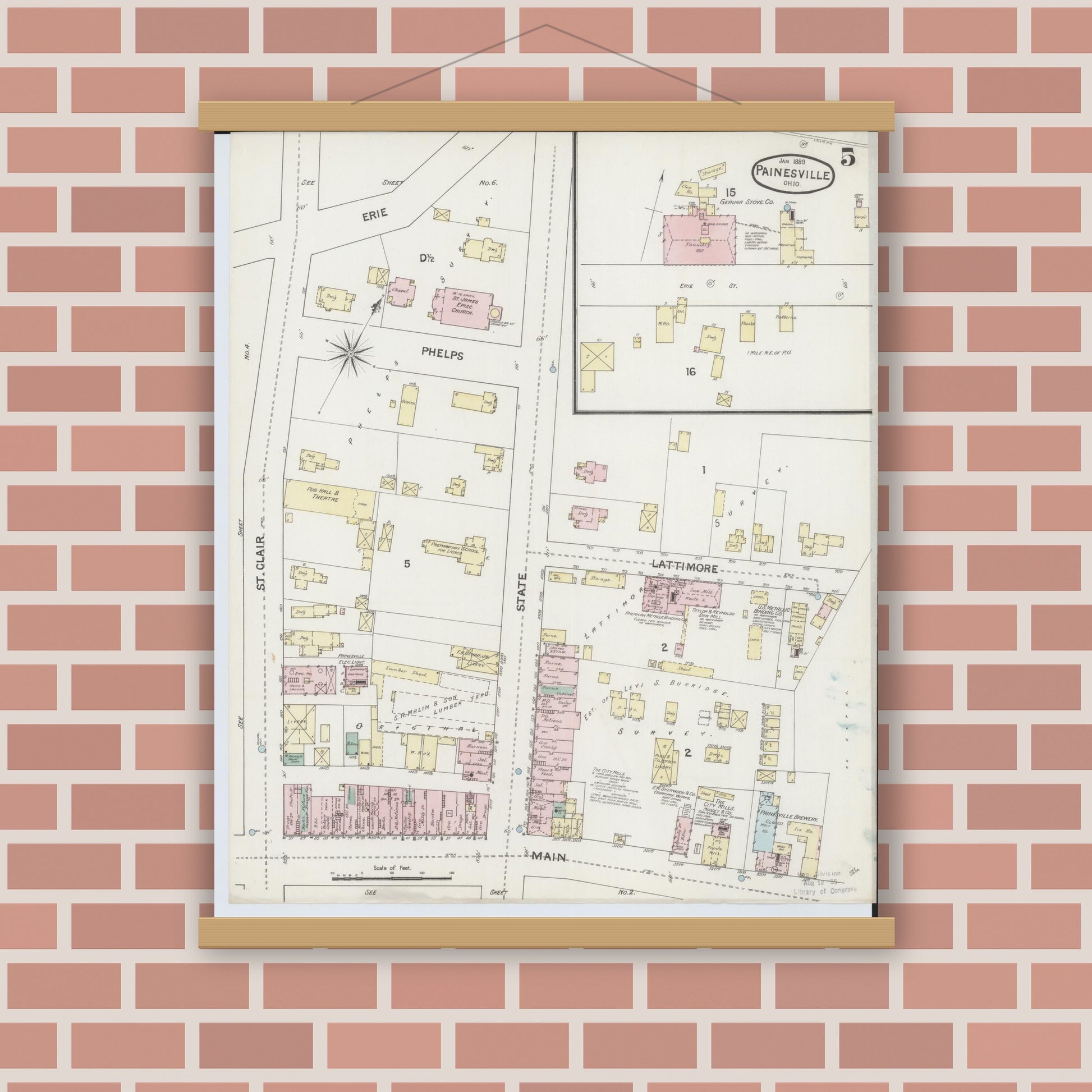 Old map wall art mockup — magnetic wood frame on brick wall — Sanborn Fire Insurance Map from Painesville, Lake County, Ohio (1889), Sheet #0005