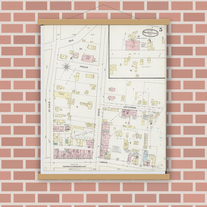 Old map wall art mockup — magnetic wood frame on brick wall — Sanborn Fire Insurance Map from Painesville, Lake County, Ohio (1889), Sheet #0005