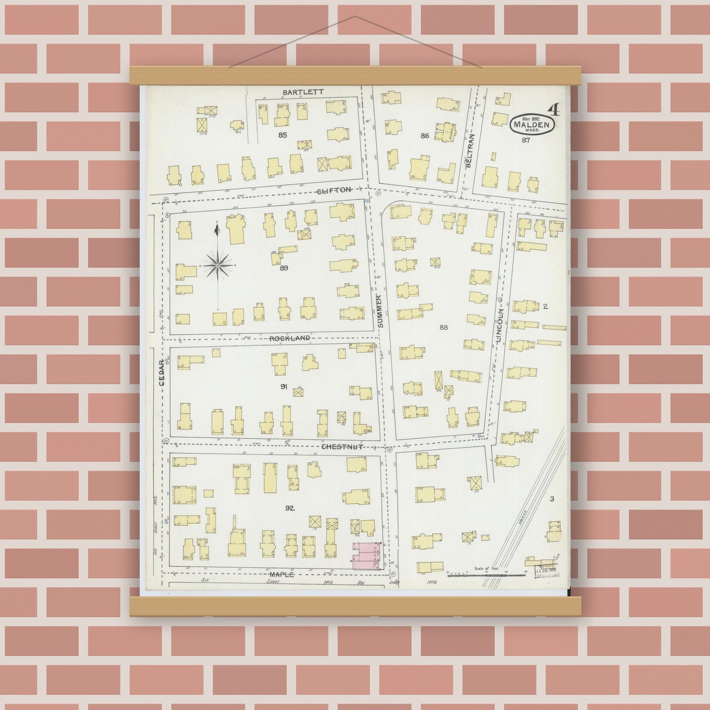 Old map wall art mockup — magnetic wood frame on brick wall — Sanborn Fire Insurance Map from Malden, Middlesex County, Massachusetts (1892), Sheet #0004
