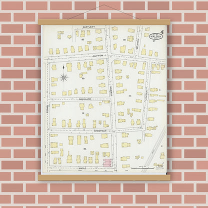 Old map wall art mockup — magnetic wood frame on brick wall — Sanborn Fire Insurance Map from Malden, Middlesex County, Massachusetts (1892), Sheet #0004