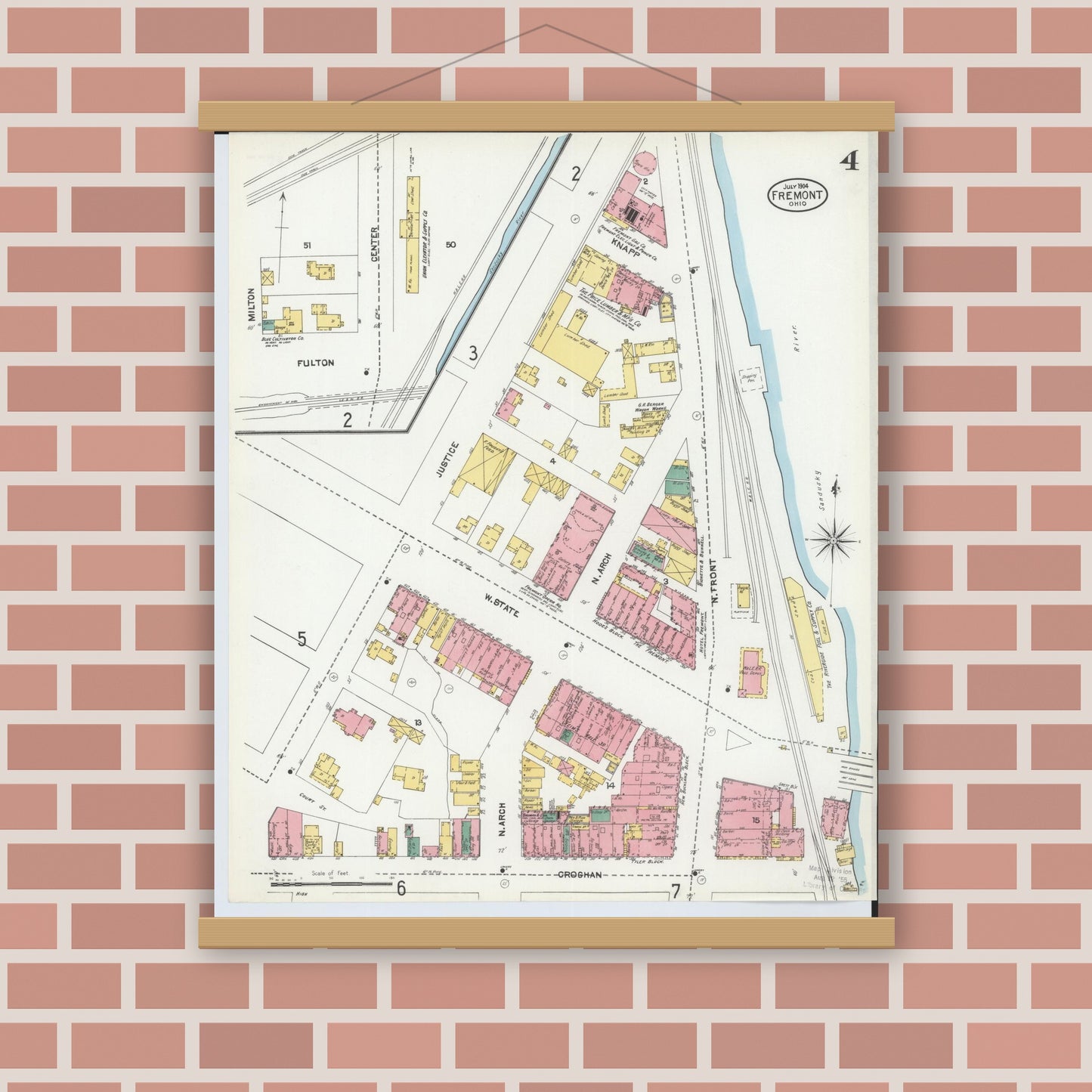 Old map wall art mockup — magnetic wood frame on brick wall — Sanborn Fire Insurance Map from Fremont, Sandusky County, Ohio (1904), Sheet #0004