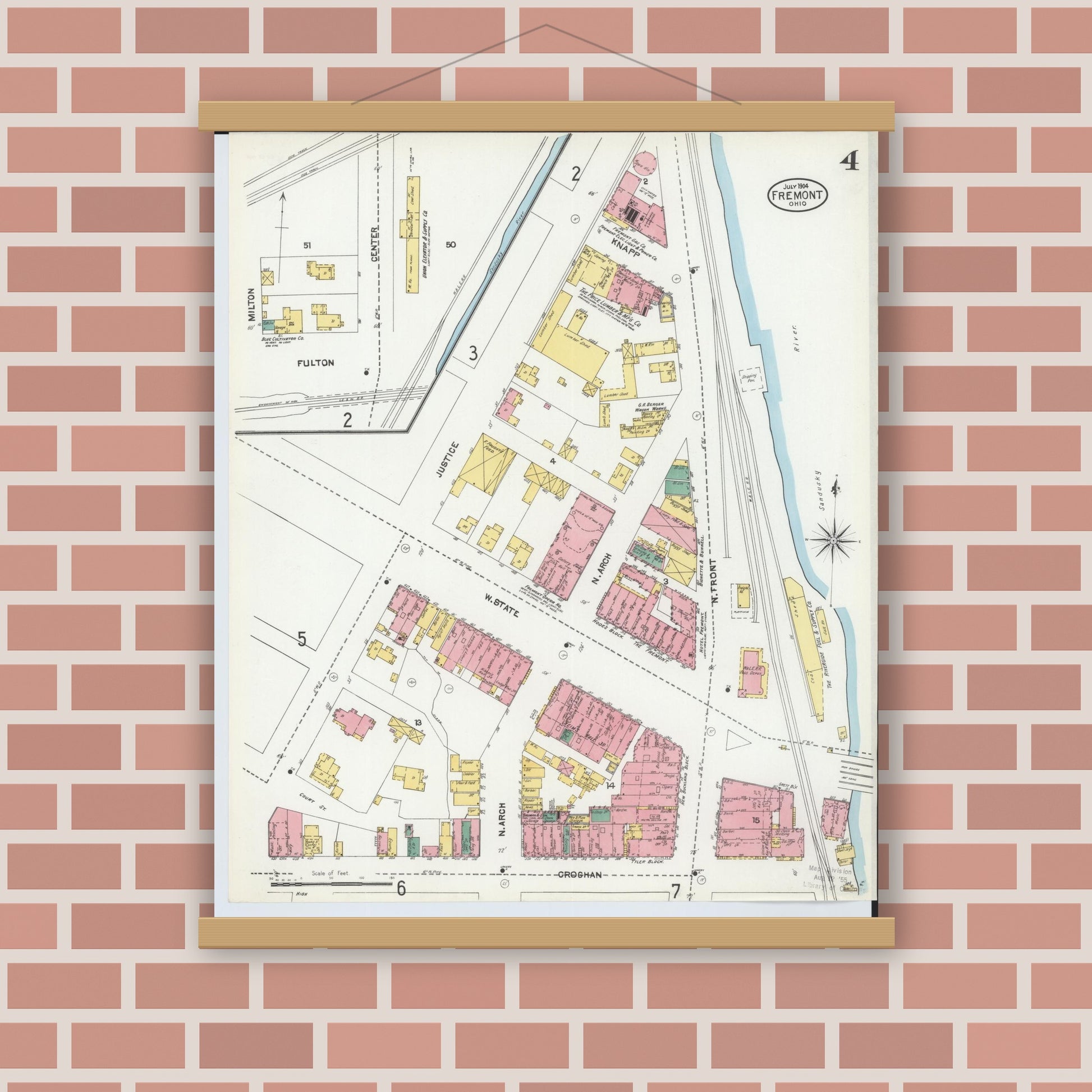 Old map wall art mockup — magnetic wood frame on brick wall — Sanborn Fire Insurance Map from Fremont, Sandusky County, Ohio (1904), Sheet #0004