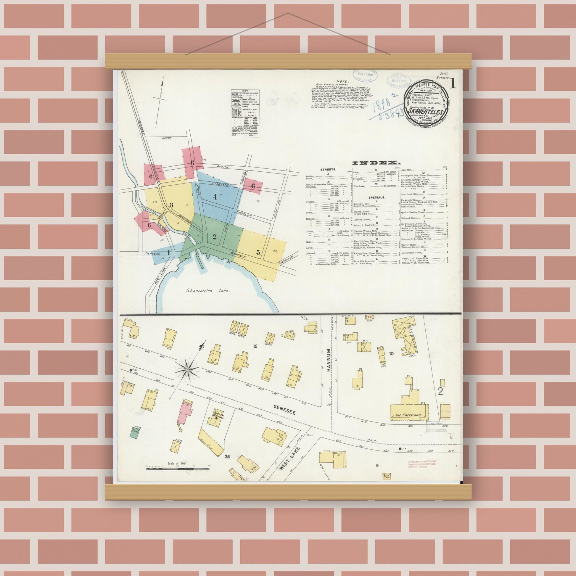 Old map wall art mockup — magnetic wood frame on brick wall — Sanborn Fire Insurance Map from Skaneateles, Onondaga County, New York (1898), Sheet #0001