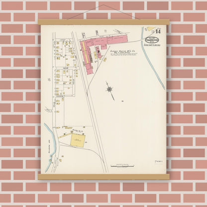 Old map wall art mockup — magnetic wood frame on brick wall — Sanborn Fire Insurance Map from Framingham, Middlesex County, Massachusetts (1922), Sheet #0014