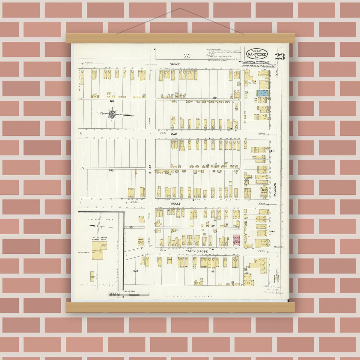 Old map wall art mockup — magnetic wood frame on brick wall — Sanborn Fire Insurance Map from Nanticoke, Luzerne County, Pennsylvania (1912), Sheet #0023