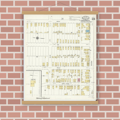 Old map wall art mockup — magnetic wood frame on brick wall — Sanborn Fire Insurance Map from Nanticoke, Luzerne County, Pennsylvania (1912), Sheet #0023