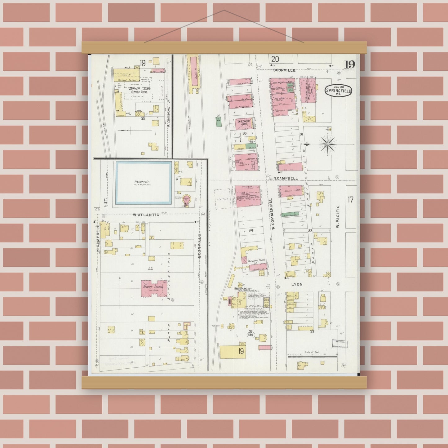 Old map wall art mockup — magnetic wood frame on brick wall — Sanborn Fire Insurance Map from Springfield, Greene County, Missouri (1896), Sheet #0019