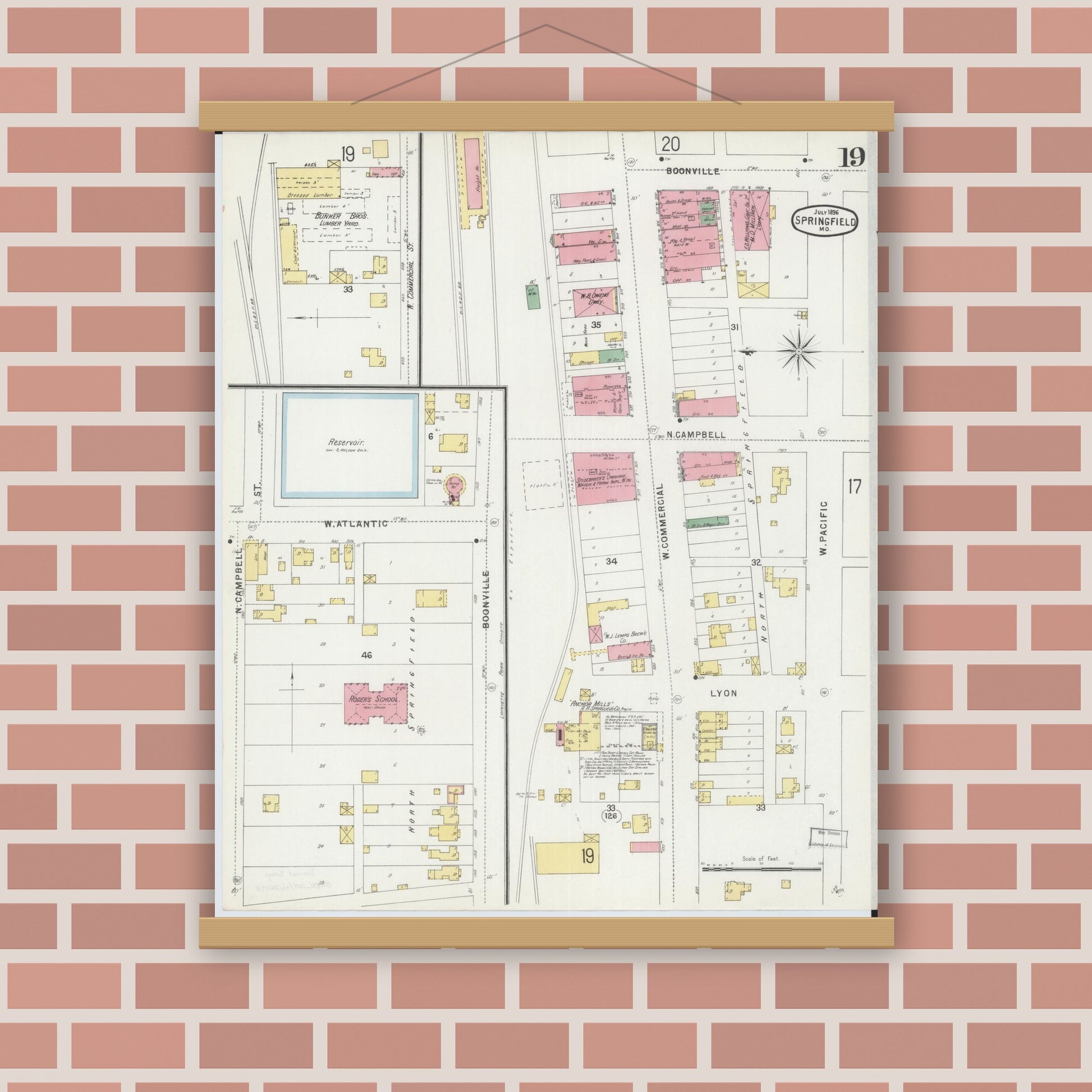 Old map wall art mockup — magnetic wood frame on brick wall — Sanborn Fire Insurance Map from Springfield, Greene County, Missouri (1896), Sheet #0019