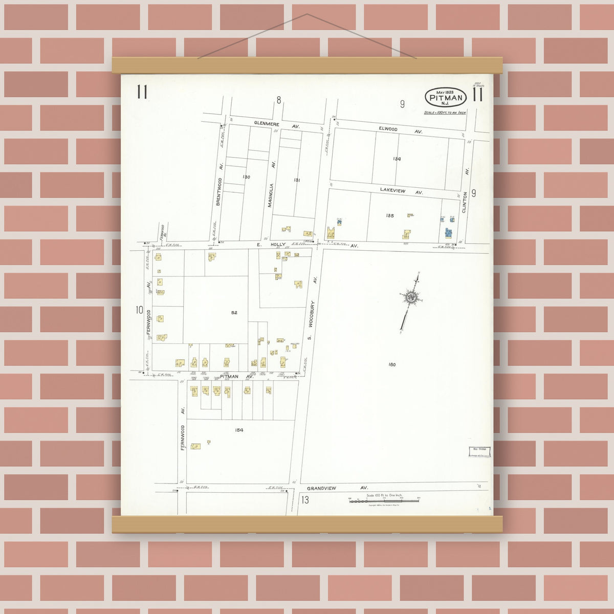 Old map wall art mockup — magnetic wood frame on brick wall — Sanborn Fire Insurance Map from Pitman, Gloucester County, New Jersey (1923), Sheet #0011